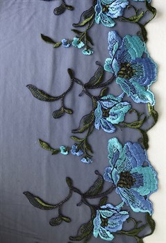 Вышивка на сетке темно-синий/бирюзовый, ширина 20 см, эластичная, левая - фото 6037
