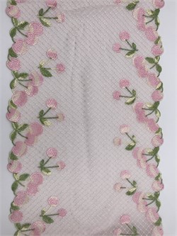 Вышивка на сетке розовые вишни/молочный, ширина  24 см, неэластичная 2890