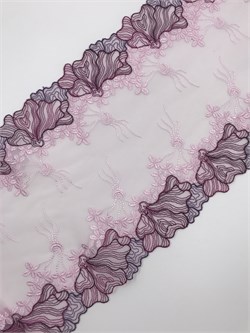Вышивка на сетке розовый/слива, ширина 20 см, неэластичная 2895
