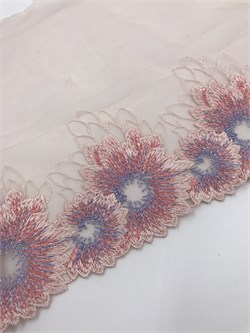 Вышивка на сетке персик/розовый, ширина 18 см, неэластичная, левая сторона 2900