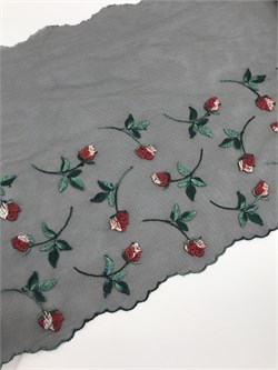 Вышивка на сетке черный/красные розочки, ширина 21 см, неэластичная, левая сторона 2907