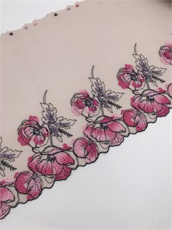 Вышивка на сетке загар/фуксия, ширина 22 см, неэластичная, правая сторона 2912