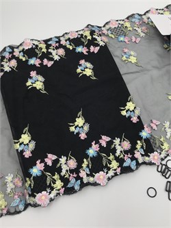 Вышивка на сетке черный/розовый/желтый, ширина 24 см, неэластичная 2921