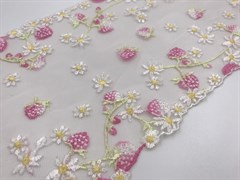 Вышивка на сетке серебристый пион/цветы/ягодки, неэластичная, ширина 15 см
