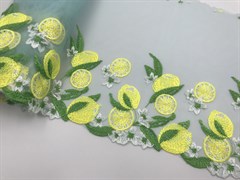 Вышивка на сетке бирюзовый/лимоны, неэластичная, ширина 22 см, левая сторона